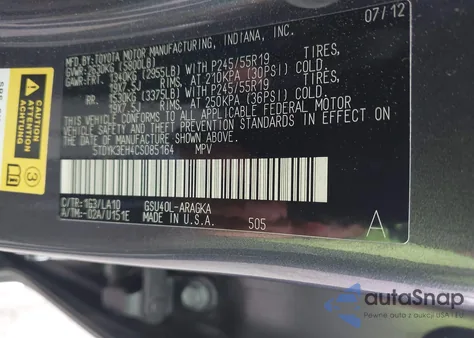 2012 Toyota Highlander Limited V6 from USA, damaged, VIN 5TDYK3EH4CS085164